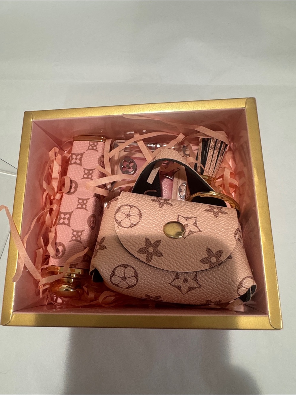 Source Unknown Pink Monogram Mini Bag Keychain with Gold-Tone Accent